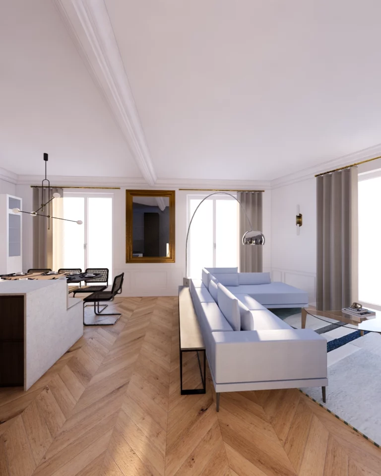 Projet de rénovation à Paris - Maine - vue 3D séjour - architecte Ereme Studio