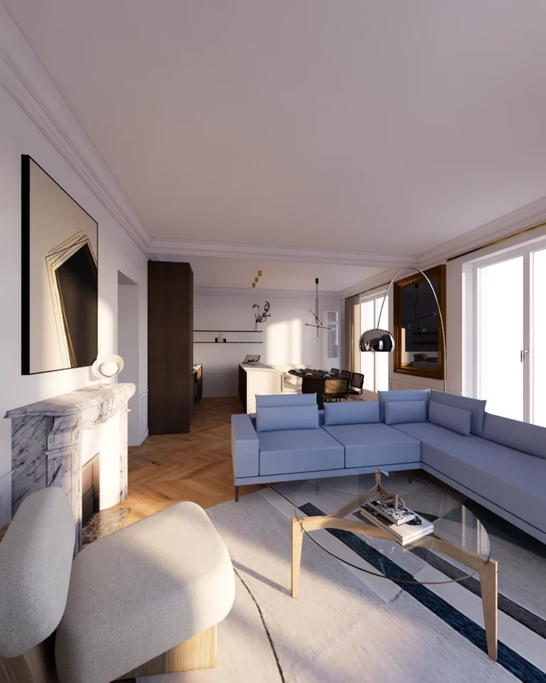 Projet de rénovation à Paris - Maine - vue 3D séjour - architecte Ereme Studio